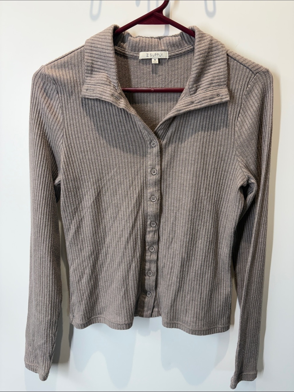 Z Supply Ribbed Button-Front Long Sleeve Top in Taupe